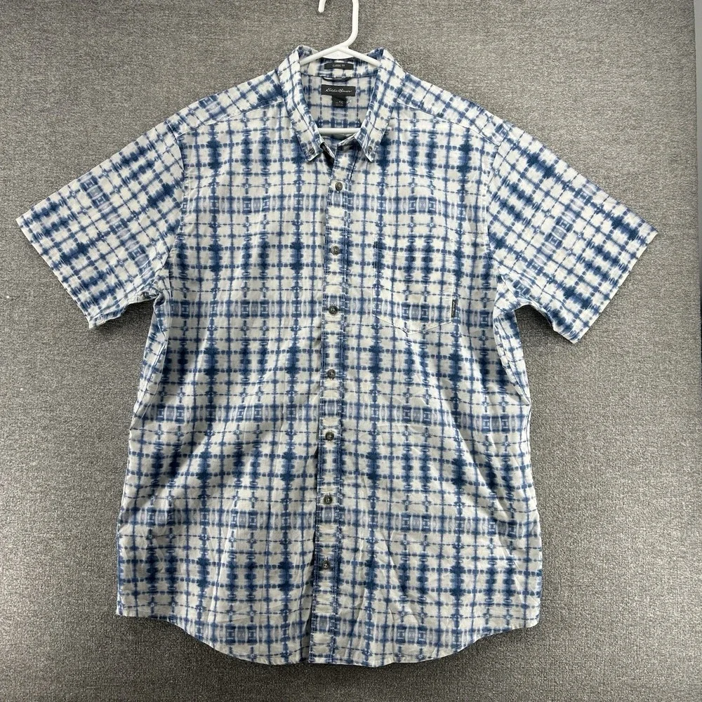 Eddie Bauer Classic Fit Short Sleeve Shirt Men Blue Tie Dye Casual 100% Cotton